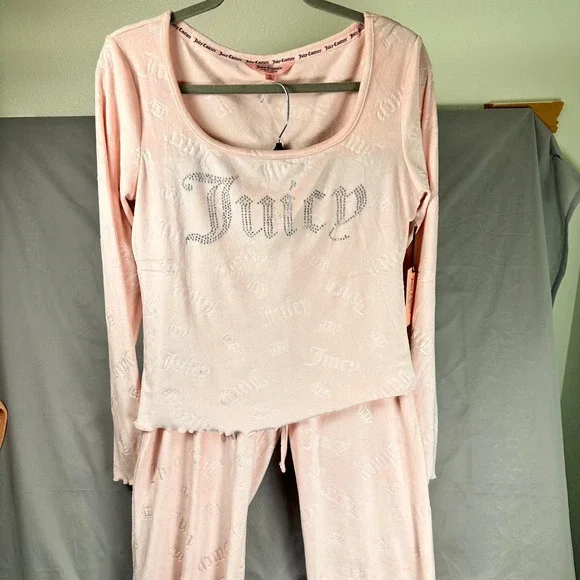 Juicy Couture Pink Velour Rhinestone Pajama Lounge Set Women's XL Y2K Aesthetic